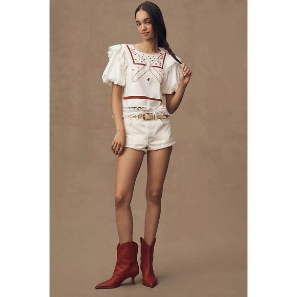 By Anthropologie Puff-Sleeve Cutwork Blouse Top Embroidered Cotton XXS 281553 - Picture 2 of 8